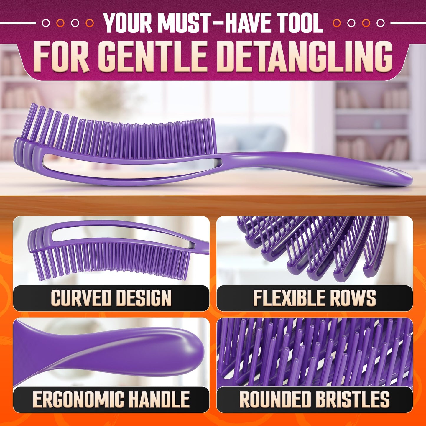 2 Pcs Detangling Curl Brush for Curly Hair Pink & Violet Set - Ergonomic Shell Shape Design and Scalp-Fitting Detangling Brush f