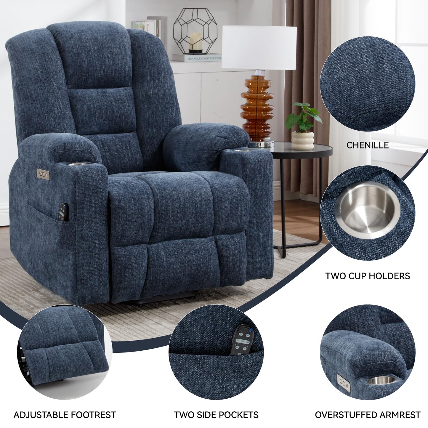 KEIKI Oversized Power Lift Recliner Chair with Heat & Massage, Reding Rocking Chair for Adult, High Seat Chenille Recliner with Side Pocket, USB Port, Cup Holder, Lumbar Support for Living Room, Blue