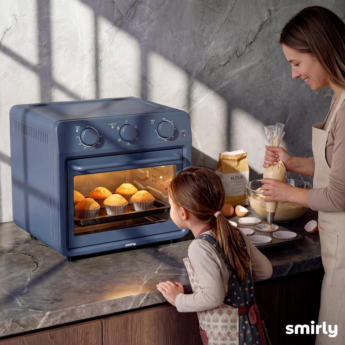 SMIRLY 6-in-1 Air Fryer Toaster Oven Combo, 27QT Convection Oven Countertop, 1800W Oven for Toast, Roast, Bake, Reheat, Broil, Warm, Fits up to a 4 lb Turkey, 12" Pizza, 6 Toast, Blue