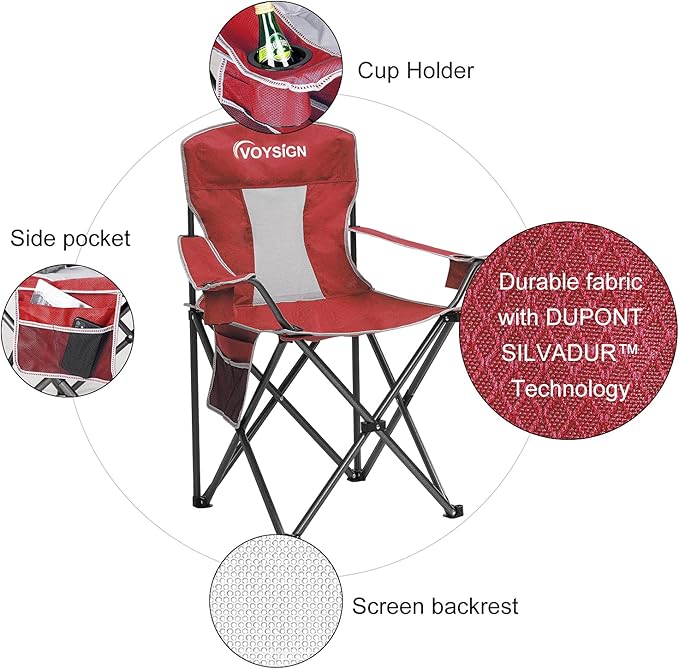 VOYSIGN Mesh Folding Camping Chairs for Adults, Oversized Portable Outdoor Chairs, Weight Capacity 325 lbs with Cup Holder, Storage Pocket, Carry Bag