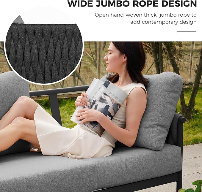 Grand patio Outdoor Furniture Set, Outdoor Sofa 3 Seats, Modern Metal Patio Couch with 6-inch Thick Waterproof Cushions for Porch Deck Backyard, Grey