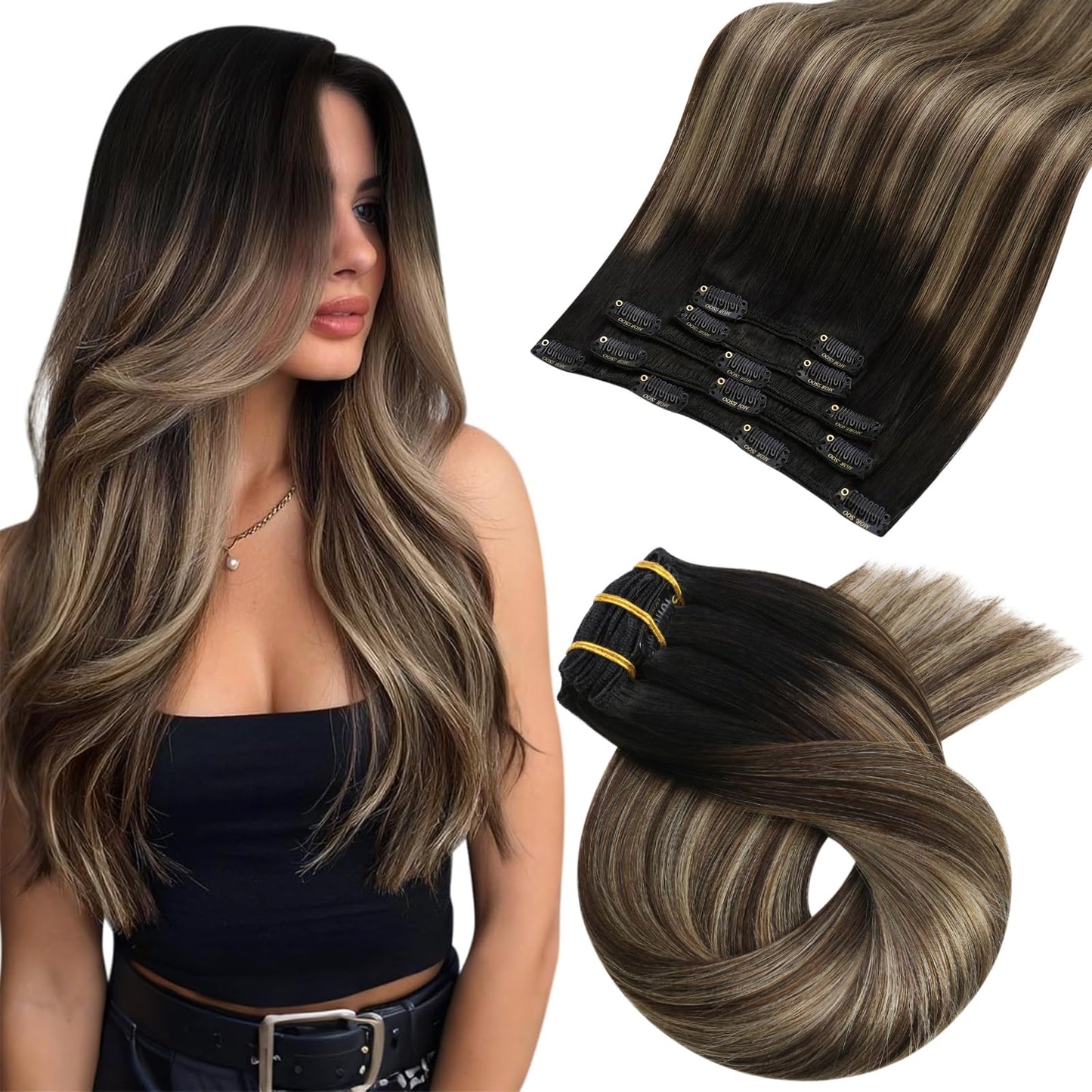 Moresoo Clip in Hair Extensions Real Human Hair Black to Blonde with Brown Human Hair Clip in Extensions Short Ombre Natural Bla