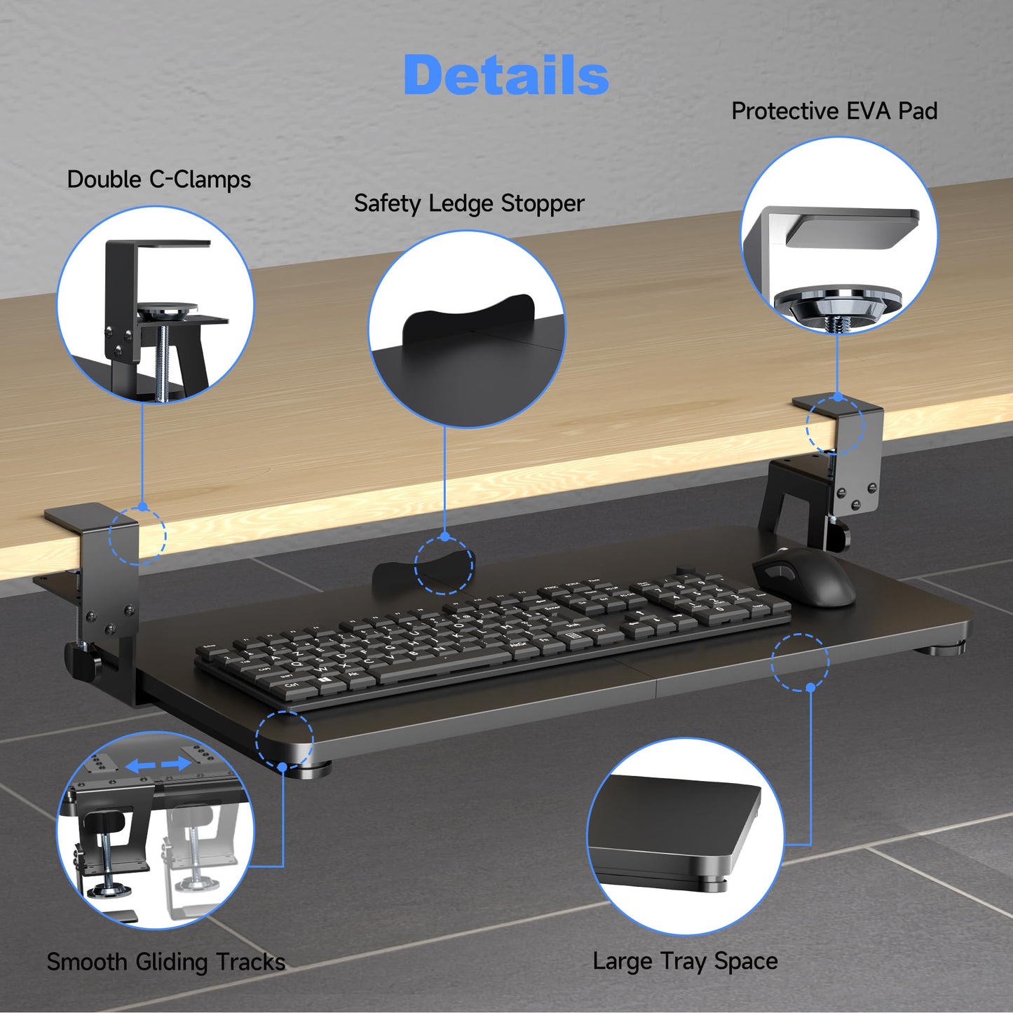 XINLEI Keyboard Tray Under Desk Large C-Clamp 25.6” (30” Including Clamps) x 11.8” Slide-Out Platform Computer Drawer Pull Out Keyboard & Mouse Tray Black DSF4