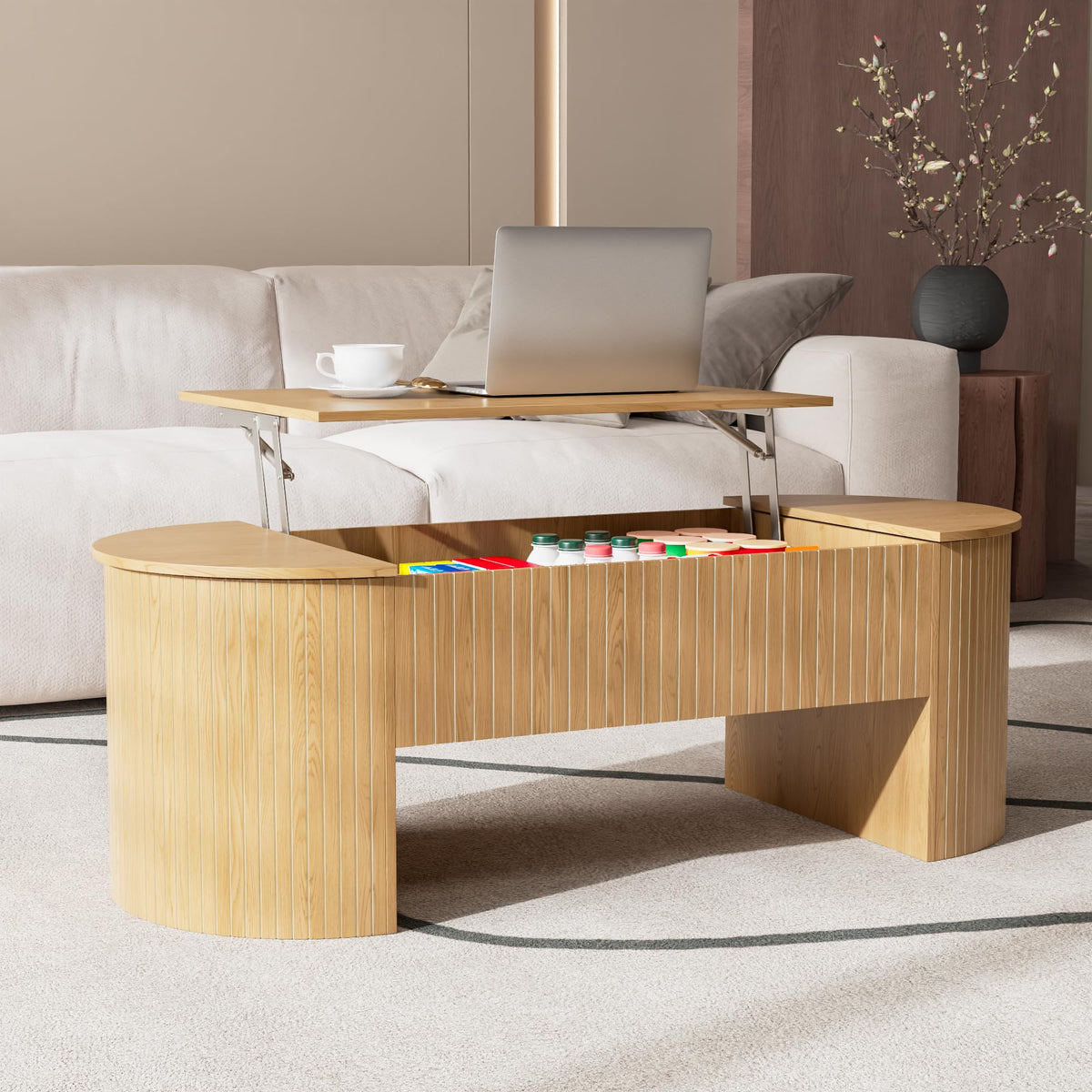 Lift Top Coffee Table with Hidden Storage Compartment, Oval Wooden Coffee Table with Lift Tabletop for Living Room, Modern Rustic Center Table for Home Office, 47 Inch (Wood)