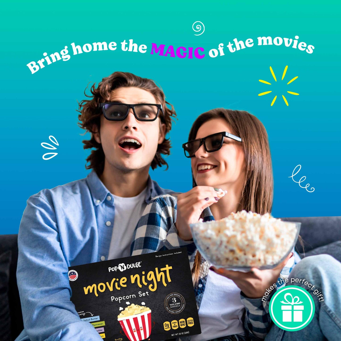 Pop n' Dulge Popcorn Movie Night Supplies 16 pcs Gift Set, 5 Gourmet Popcorn Kernels, 5 Seasoning Variety Packs Non-GMO Kosher Snacks, Great Housewarming Family Date Night Gifts Basket Ideas For Him Her