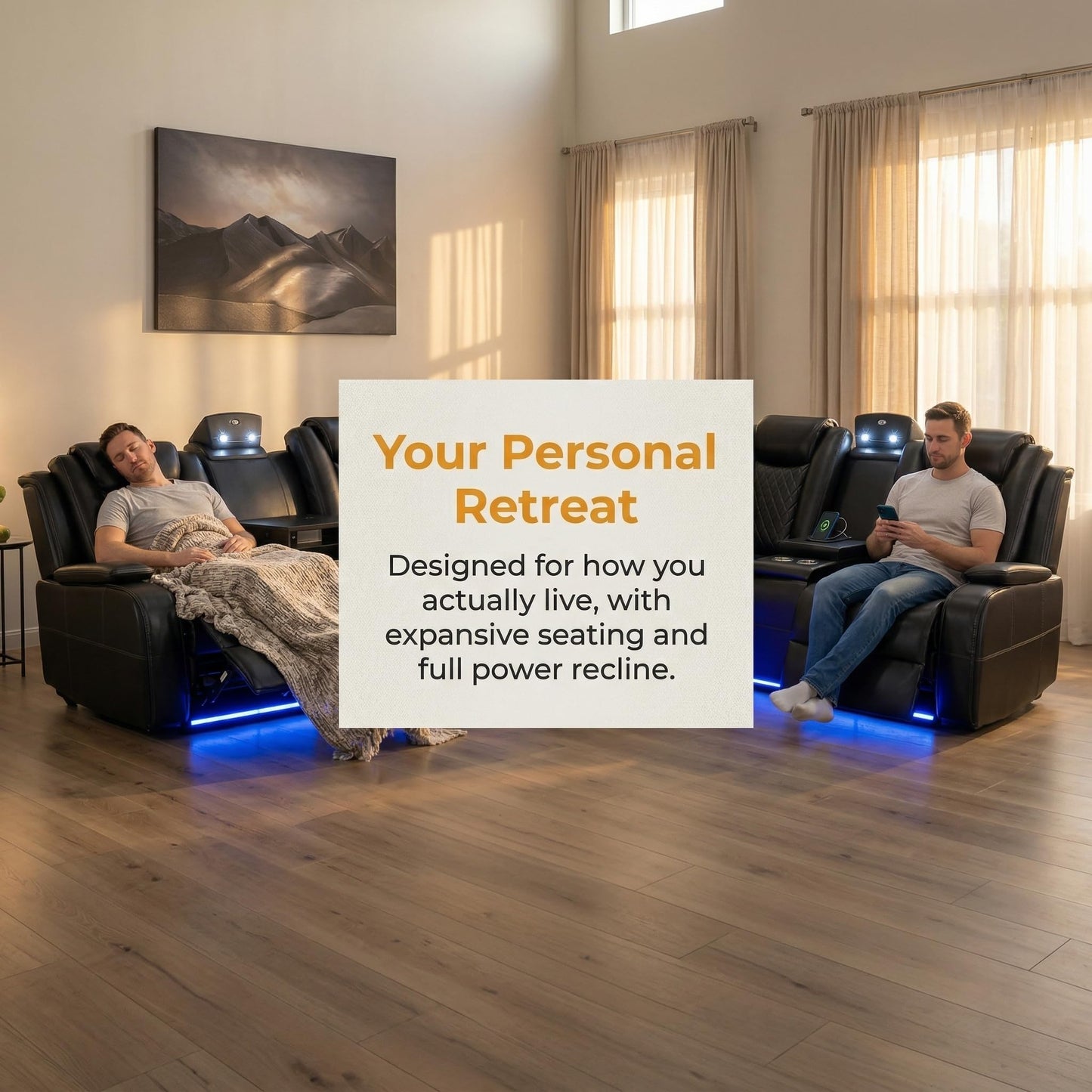 FUOROLA Power Recliner Living Room Set with LED, Breathing Leather Reclining Sectional Sofa Couches for Home Theater with Cup Holder, Storage Consloe, USB Charge