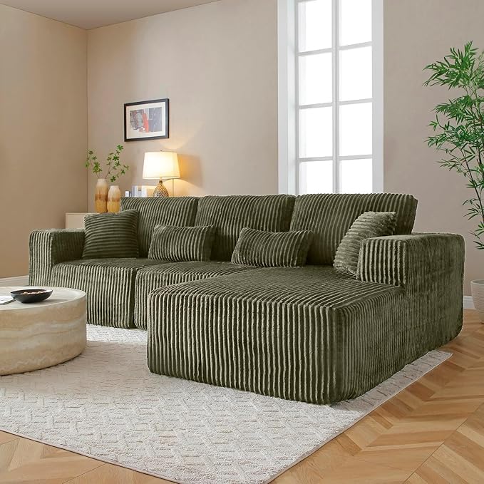 Vanress 110" Cloud Couch Sectional, Corduroy Boneless Couch with L-Shape Chaise,Modern Modular Sectional Sofa Comfy Deep Seat for Living Room, Bedroom, No Assembly (Green, Right Facing Chaise)