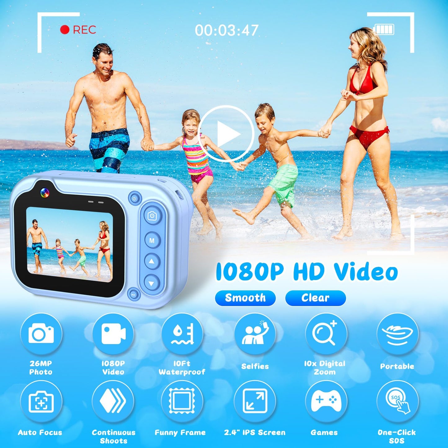 Nawchedo Kids Waterproof Camera, 10FT Underwater Camera, 26MP HD 10X Digital Camera with 2.4" IPS Screen, Kids Action Camera, Blue