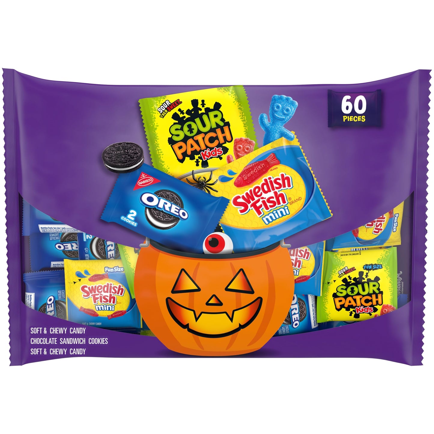 SOUR PATCH KIDS and SWEDISH FISH Mini Soft & Chewy Candy and OREO Chocolate Sandwich Cookies, Halloween Candy and Cookie Variety Pack, Bulk Candy, 60 Trick or Treat Bags