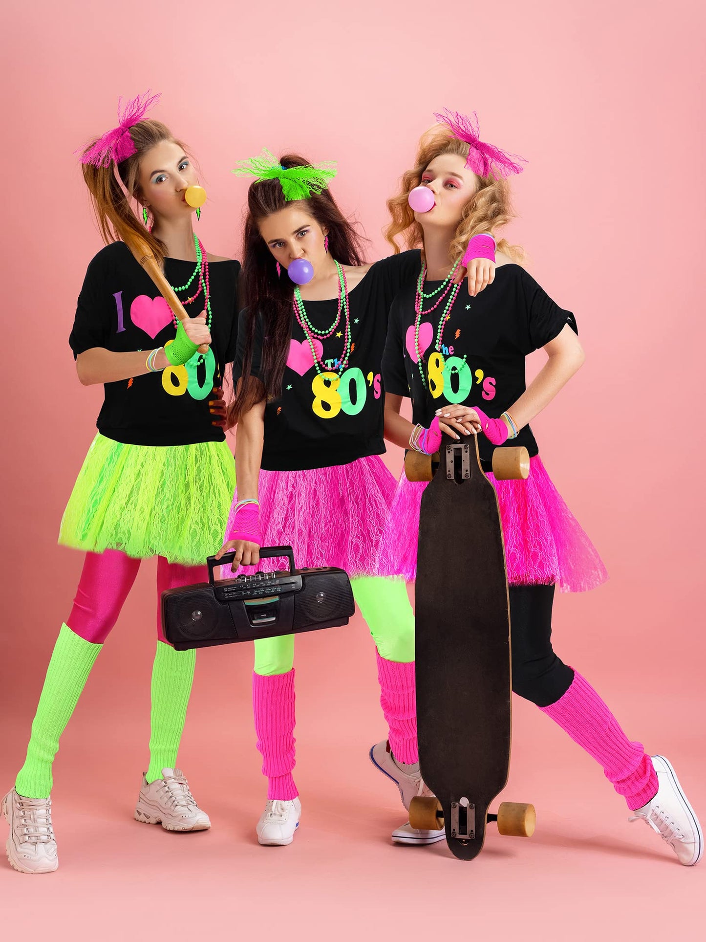 Vabean 19 Pcs 80s Costume Set T Shirt Leggings Tutu Skirt Headband Necklace Bracelets Earrings Gloves Leg Warmers for Women (Black Leggings,3X-Large)