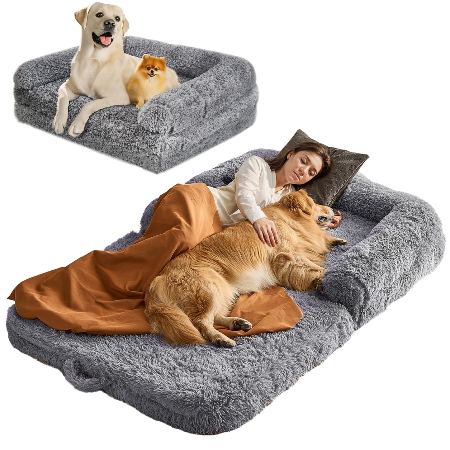 VEVOR Foldable Human Dog Bed, 72"x48"x10" Giant Human Sized Dog Bed with Washable PV Velvet Cover, Egg Orthopedic Foam, Storage Pocket, for You and Pet, Grey