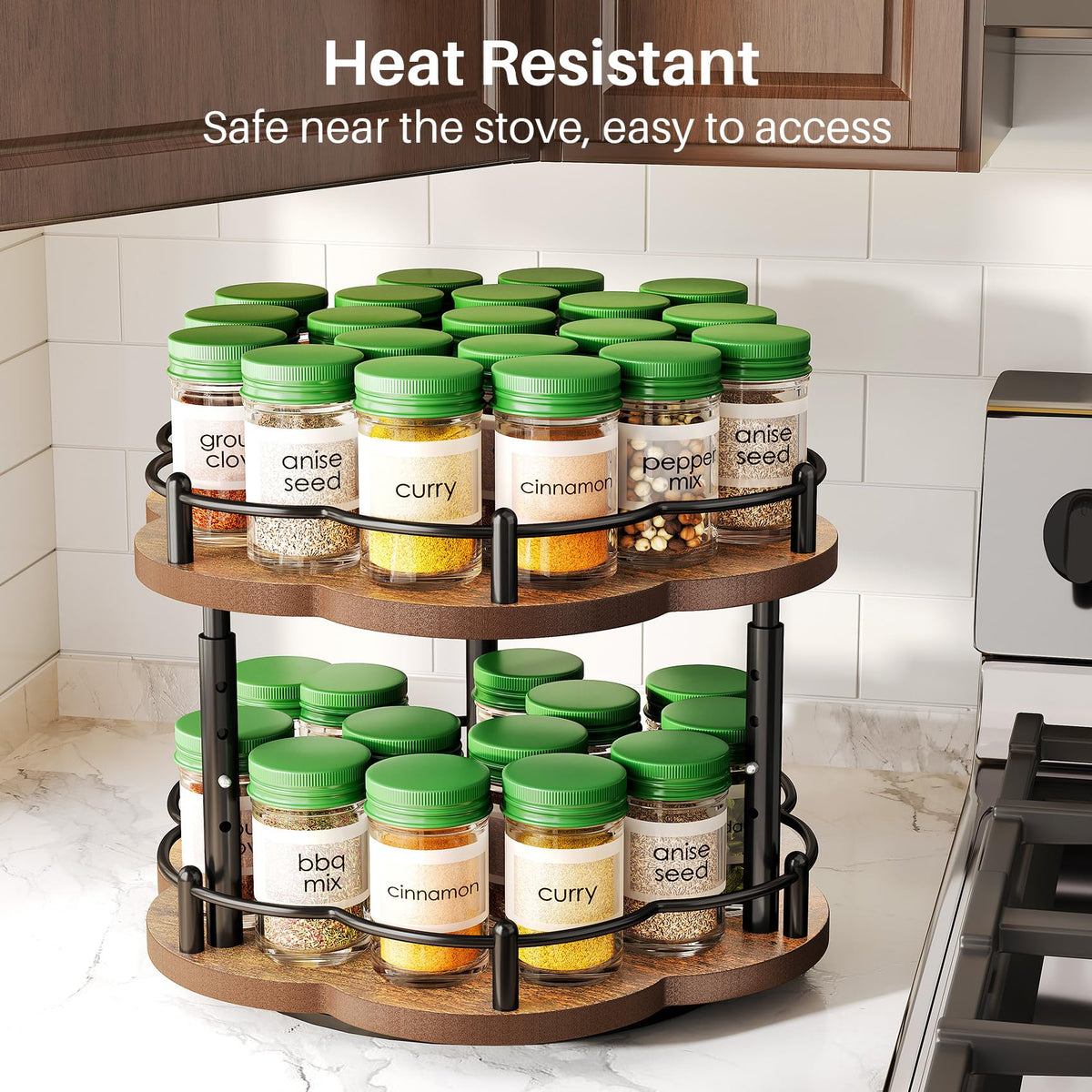 Lazy Susan Spice Rack Organization for Cabinet - 2 Tier Adjustable Height Lazy Turntable Spice Organizer for Kitchen Countertop & Pantry, Wood 10 Inch Seasoning Storage, Black