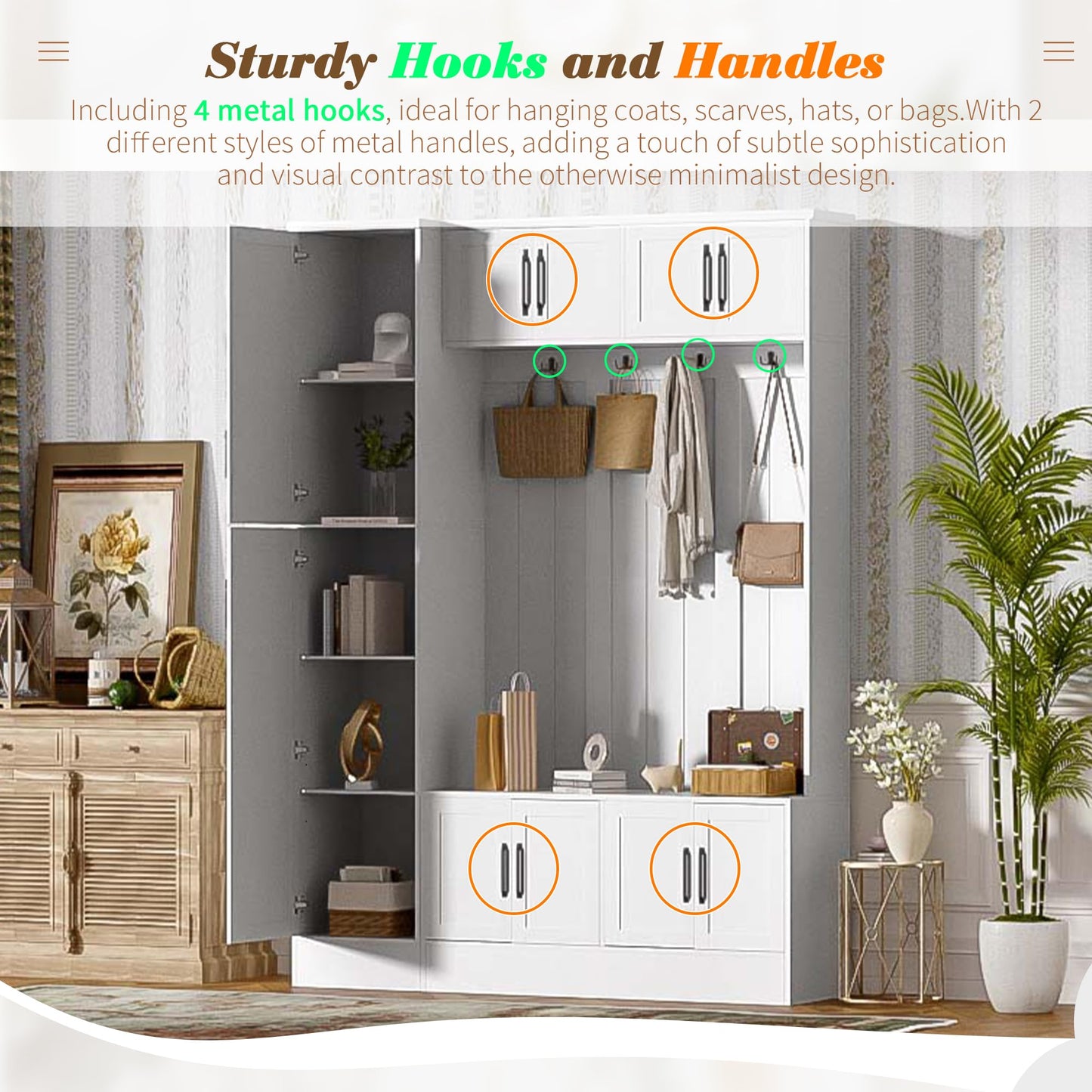 Amposei 79’’ Tall Hall Tree with Storage Bench & Coat Rack Modern Entryway Organizer Cabinet with Doors, Hooks & Adjustable Shelf for Hallway Living Room Furniture, White