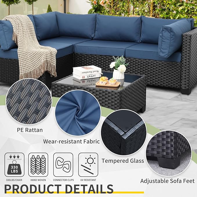 WAROOM Outdoor Patio PE Wicker 5 Piece Furniture Set, Black Rattan Sectional Conversation Sofa Chair with Coffee Table, Navy Blue Cushion
