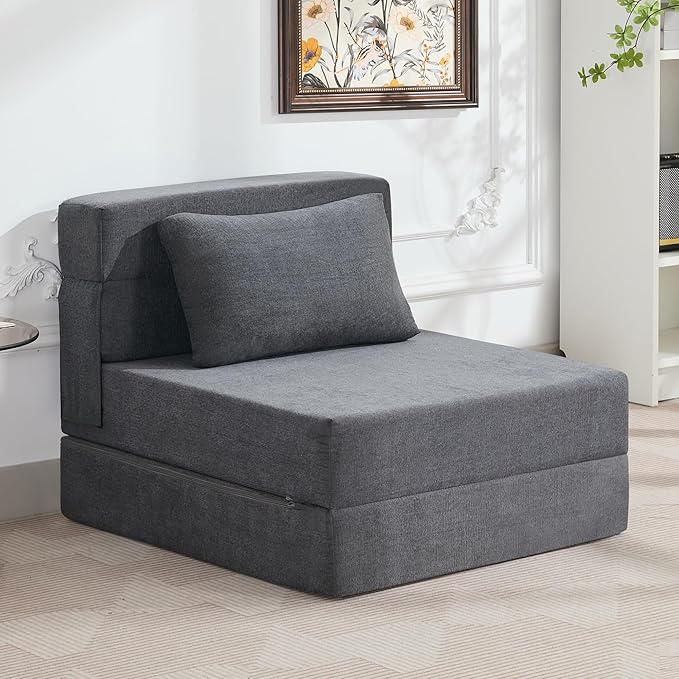 WUTUTUEE Folding Sofa Bed Convertible Floor Couch Foldable Chair Bed with Pillow，Linen Sleeper Chair Futon,Foldable Memory Foam Mattress for Bedroom/Living Room/Dorm/Office (Dark Grey, Single)