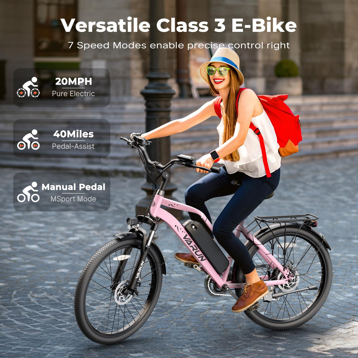 VARUN Electric Bike - 500W Adult Ebike Up to 40Miles, 48V Removable Battery, Shock Absorber, 7-Speed and Dual Disc Brakes,Stylish 26" Cruiser E-Bike Suitable for Commuting and Leisure