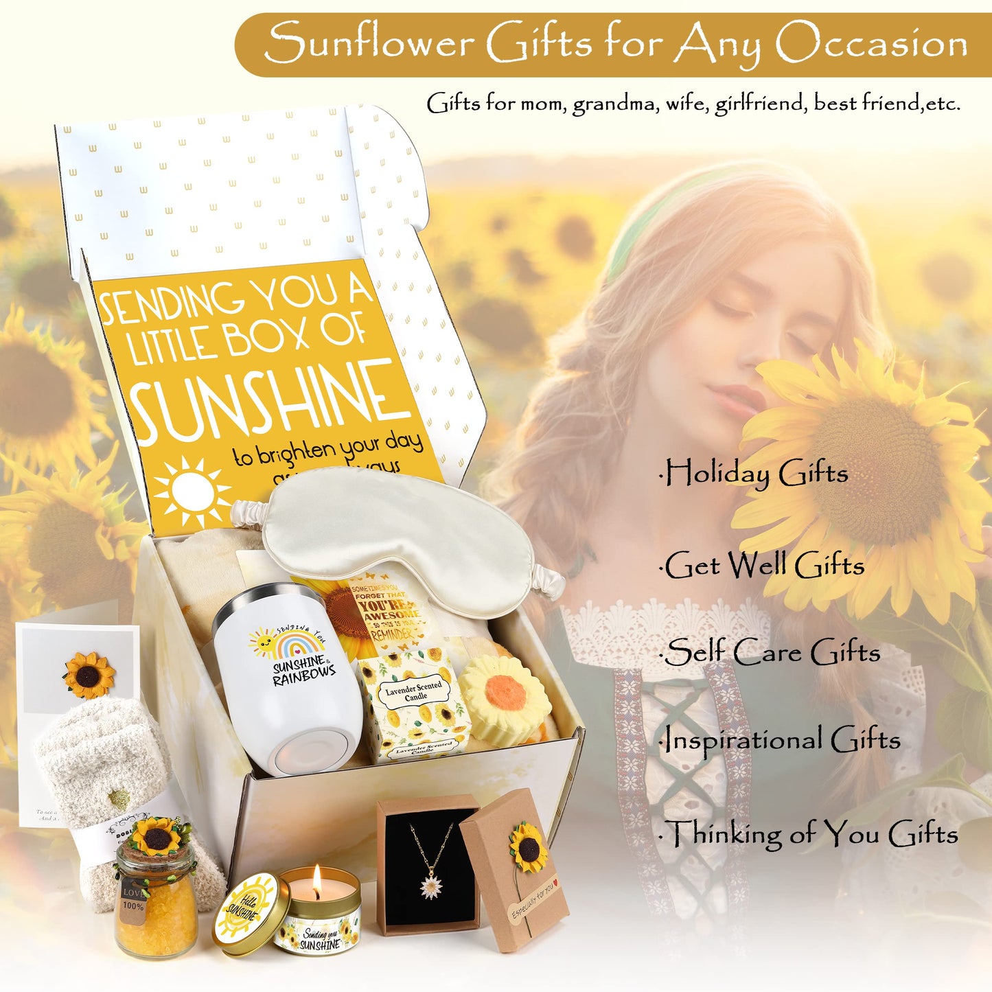 Sunflower Gifts for Women Sending Sunshine Gift-Birthday Gifts for Women Unique-Thank You-Self Care Package-Get Well Gift-Inspirational Retirement Spa Gift Basket for Mom Grandma Wife Friends Sister