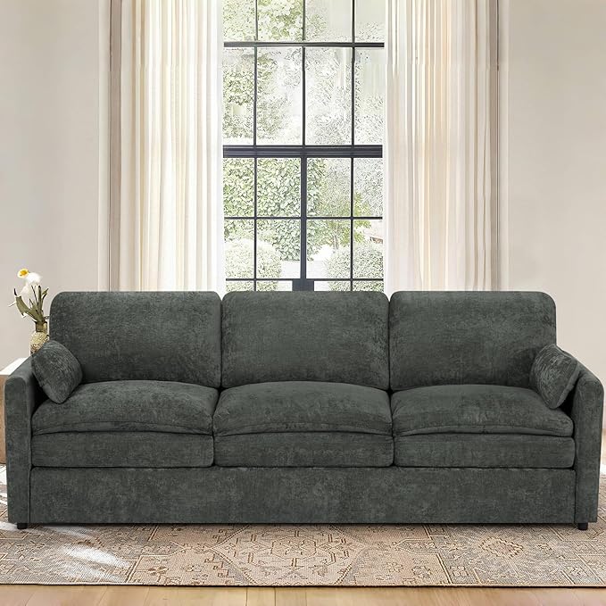 ACMEASE 89” Chenille Sofa w/Arm Pillows, Upholstered 3-Seater Sofa w/Comfortable Back Cushions, Modern 3 Seats Couch w/High-Density Foam for Living Room, Apartment, Office, Grey