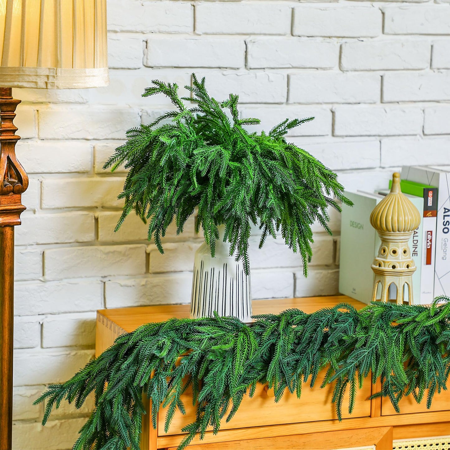Jutom 12 Pcs Christmas Norfolk Pine Branches, Artificial Norfolk Branch Faux Stem Greenery Pine Picks for Vase DIY Crafts Christmas Garland Wreath Making Home Decor (18 Inches)