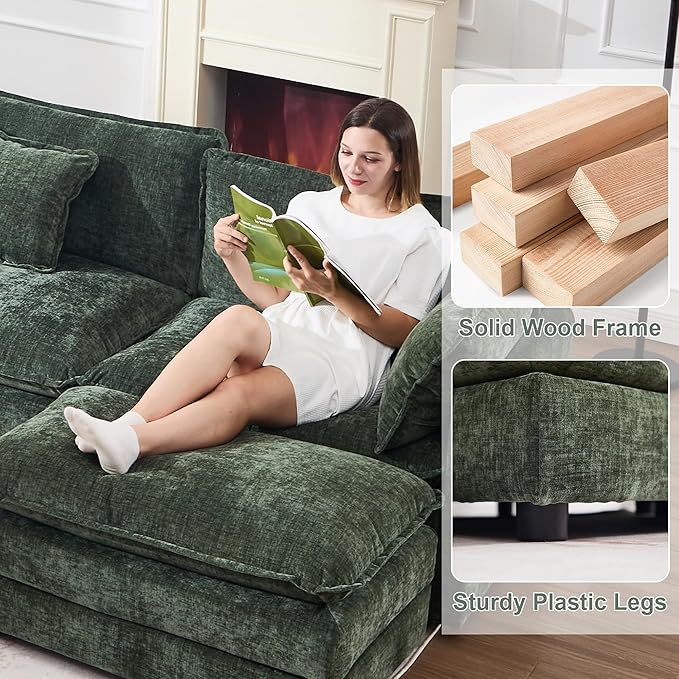KIVENJAJA Chenille L-Shaped Modular Sectional Sofa, Modern Loveseat Comfy Deep Seat Cloud Couch with Ottoman/Chaise & 4 Pillows for Living Room Office Apartment, 76.7" W, Green