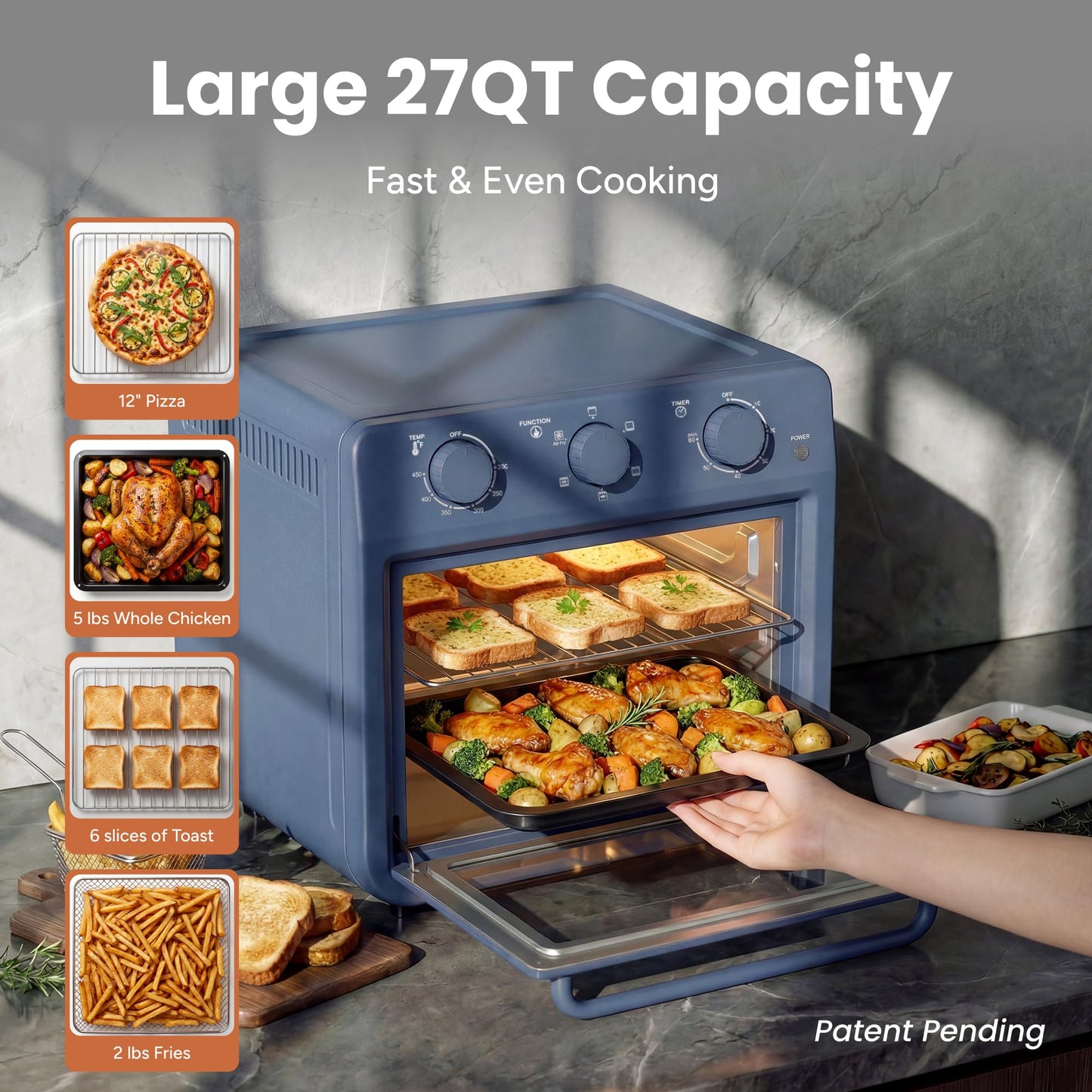 SMIRLY 6-in-1 Air Fryer Toaster Oven Combo, 27QT Convection Oven Countertop, 1800W Oven for Toast, Roast, Bake, Reheat, Broil, Warm, Fits up to a 4 lb Turkey, 12" Pizza, 6 Toast, Blue