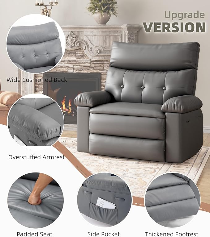 GarveeHome Extra Wide Recliner Chair - PU Leather Oversized Manual Recliner for Adults, Lazy Chair with 1.5X Sponge Comfort Arm and Back for Living Room, Bedroom