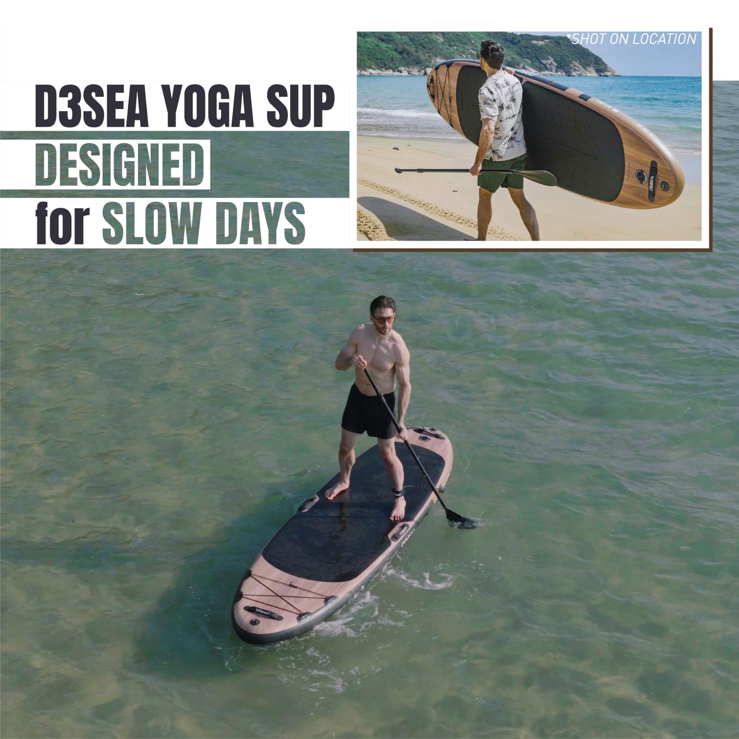 D3SEA 11 ft Inflatable Paddle Board with SUP Accessories, Extra Long Non Slip EVA Deck with Yoga Alignment Lines, Extra Wide Yoga SUP for Adults (Timber Noir, 11' × 35" × 6")