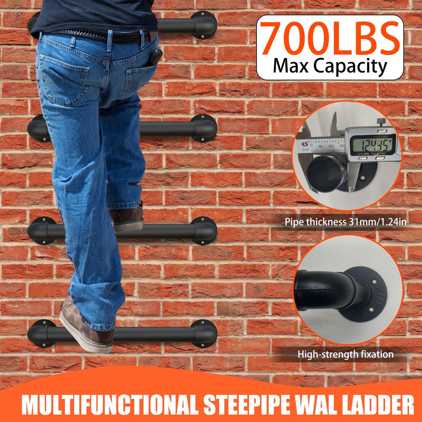 3-Rung Wall Mounted Ladder, Heavy Duty Steel Pipe Fire Escape Ladder for Egress Window & Basement, Black Industrial Hanging