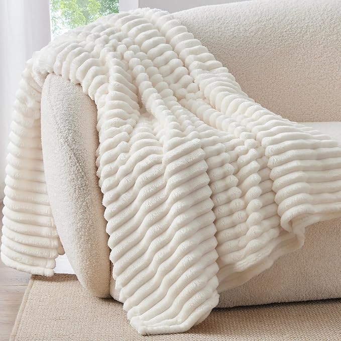 BEDELITE Fleece Throw Blanket for Couch - 300GSM Soft & Warm Fluffy Cream White Blanket, Decorative and Giftable Striped B...