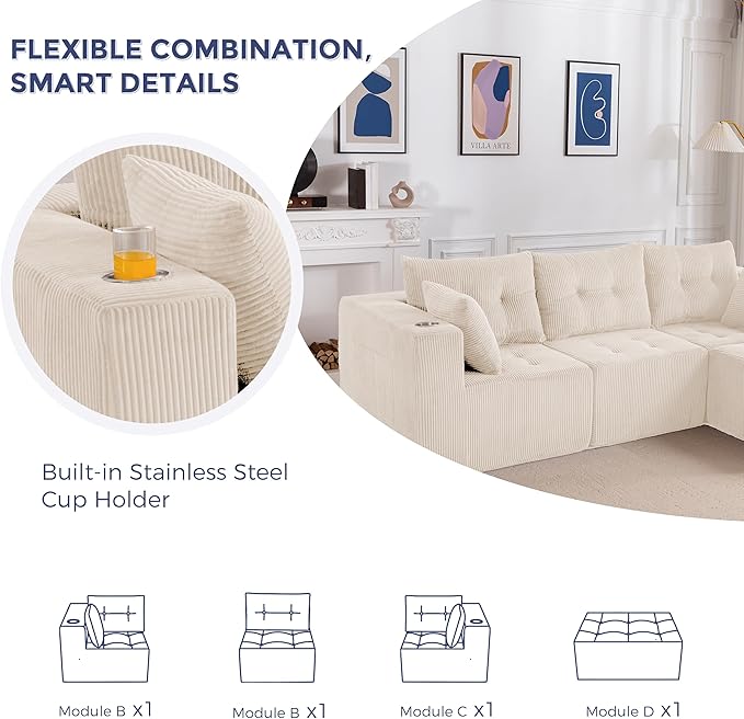 MAXYOYO Modular Sectional Sofa Couch, L Shaped Modern Cloud Couch with 1 Ottoman, Sofa in A Box, Tufted 4-Seat Boneless Sleeper Chair for Living Room, No Assembly Required, Beige