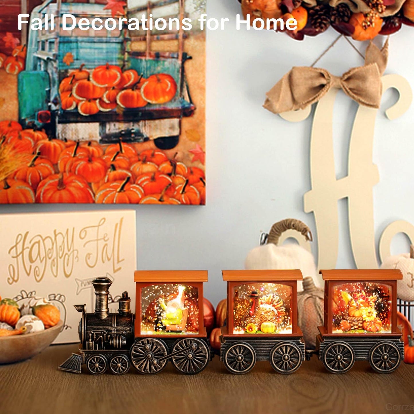 Gorrzai Fall Snow Globe Lantern Fall Decorations for Home, Lighted Fall Decor with Pumpkin Turkey Gnome Train, 6H Timer Thanksgiving Swirling Glitter Snow Globe for Harvest Day, Battery Operated