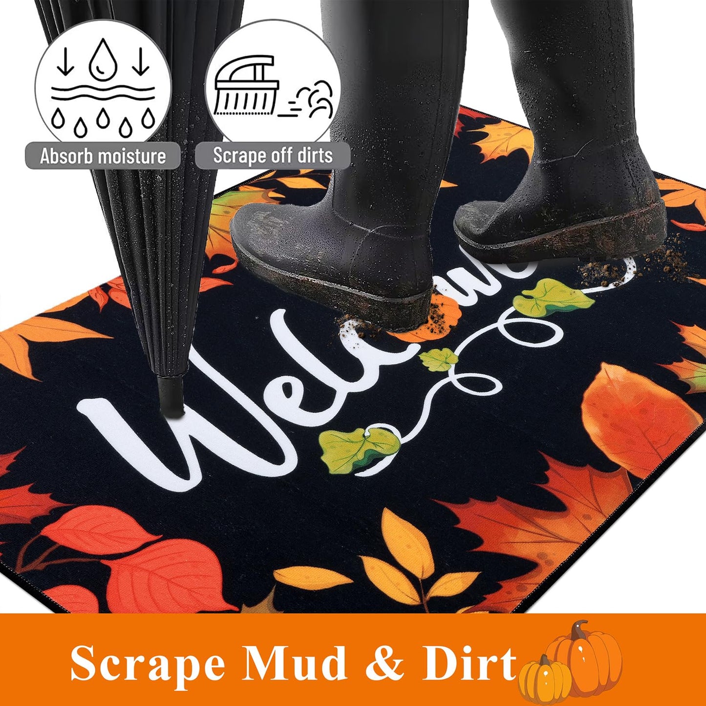 Ileading Fall Door Mat 32"x48", Hello Pumpkin Doormat, Washable Non Slip Welcome Mats for Front Door, Autumn Harvest Thanksgiving Entry Mat Indoor Outdoor Low Profile Floor Mat for Entryway