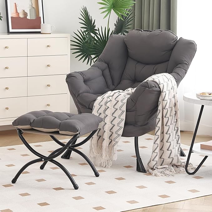 Lazy Chair with Ottoman, Modern Chair with Folding Footrest, Lounge Accent Chair, Comfortable Reading Chair, Oversized Arm...