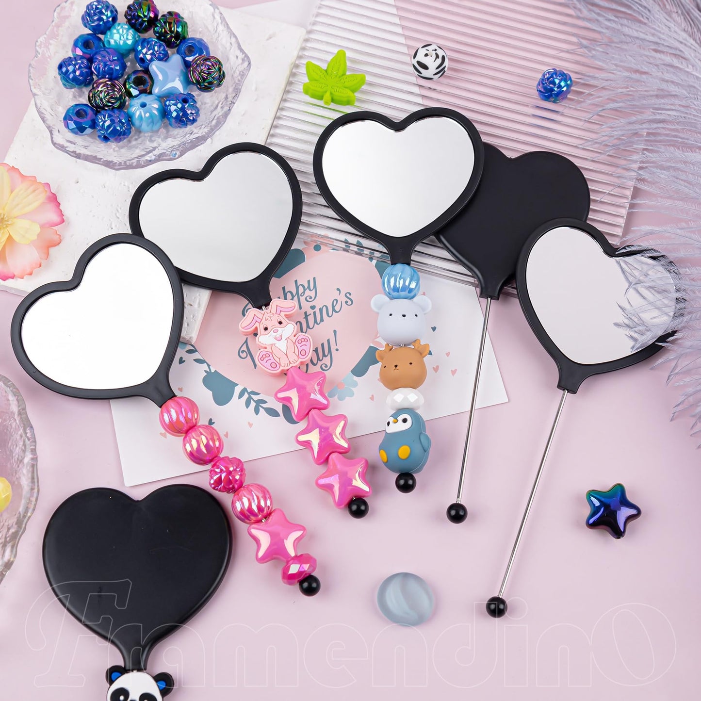 Framendino, 10 Pack Beadable Heart Travel Makeup Mirrors with Blank Bar Handheld for DIY Jewelry Making Black