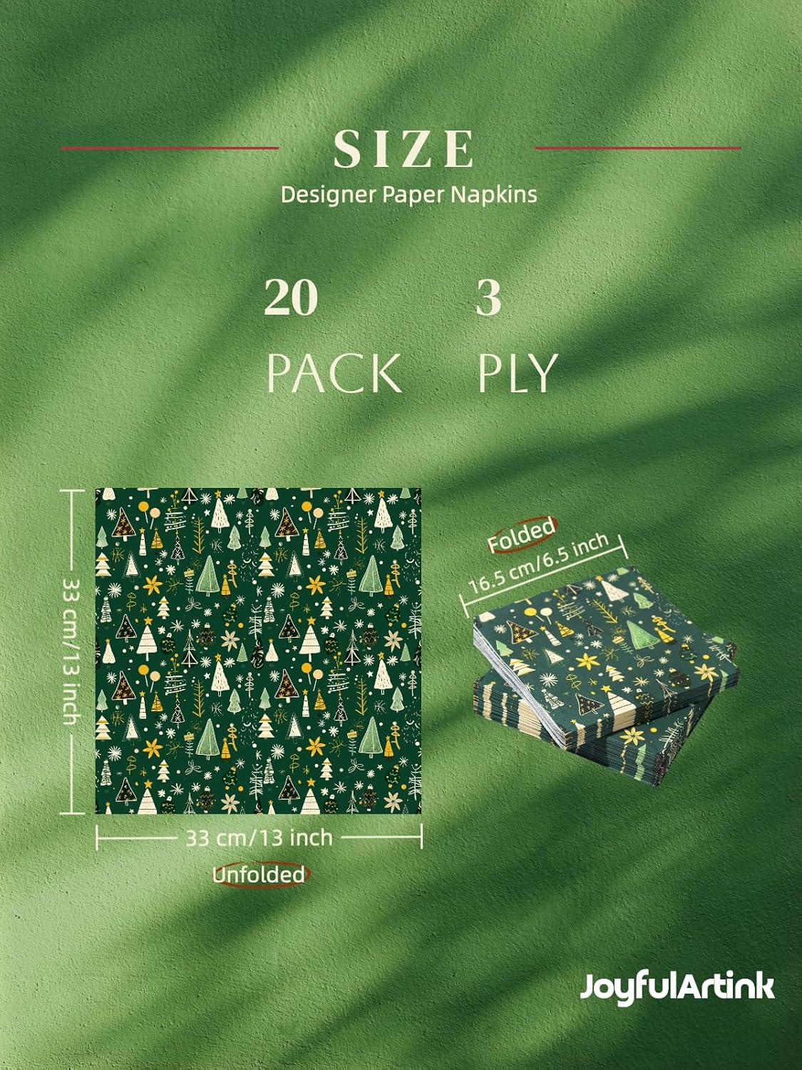 Premium Designer Paper Napkins, 3-Ply 6.5 x 6.5-inches Fold Disposable Decorative Winter Guest Christmas Holly Green Festive New Year Tree Party Lunch Dinner Napkin (20, Festive Green)
