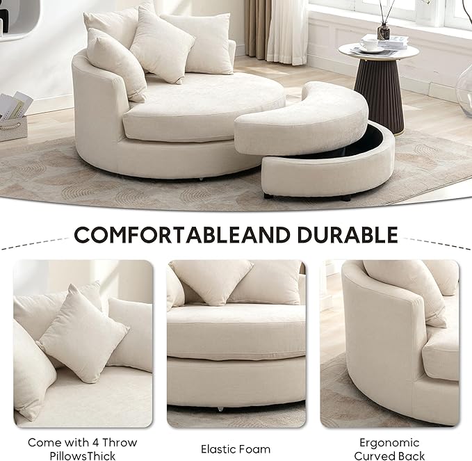 Yoglad Oversized Round Swivel Accent Chair - Modern 360 Degree Barrel Chairs with Storage Ottoman, for Living Room, Bedroom(Chenille- Cream)