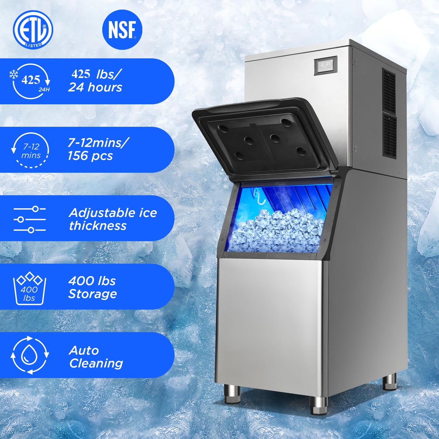 Commercial Ice Maker Machine 425Lbs/24H with 400LBS Large Storage Bin Ice Ready in Air Cooled Clear Cube Ice for Bar Business Cafe (425Lbs/24H)