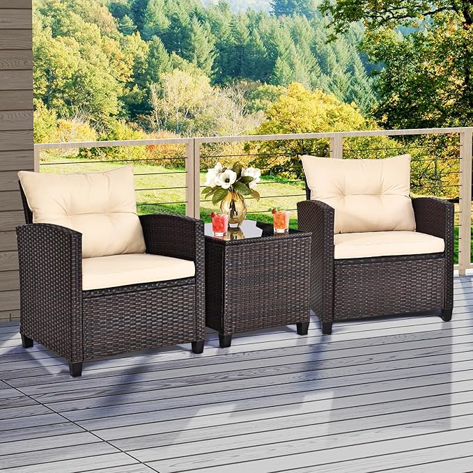 ORALNER 3 Pieces Patio Furniture Set, Outdoor Wicker Conversation Set Rattan Chairs with Cushions, Glass Coffee Table, Bistro Set for Front Porch Balcony Garden Deck Poolside (Beige)