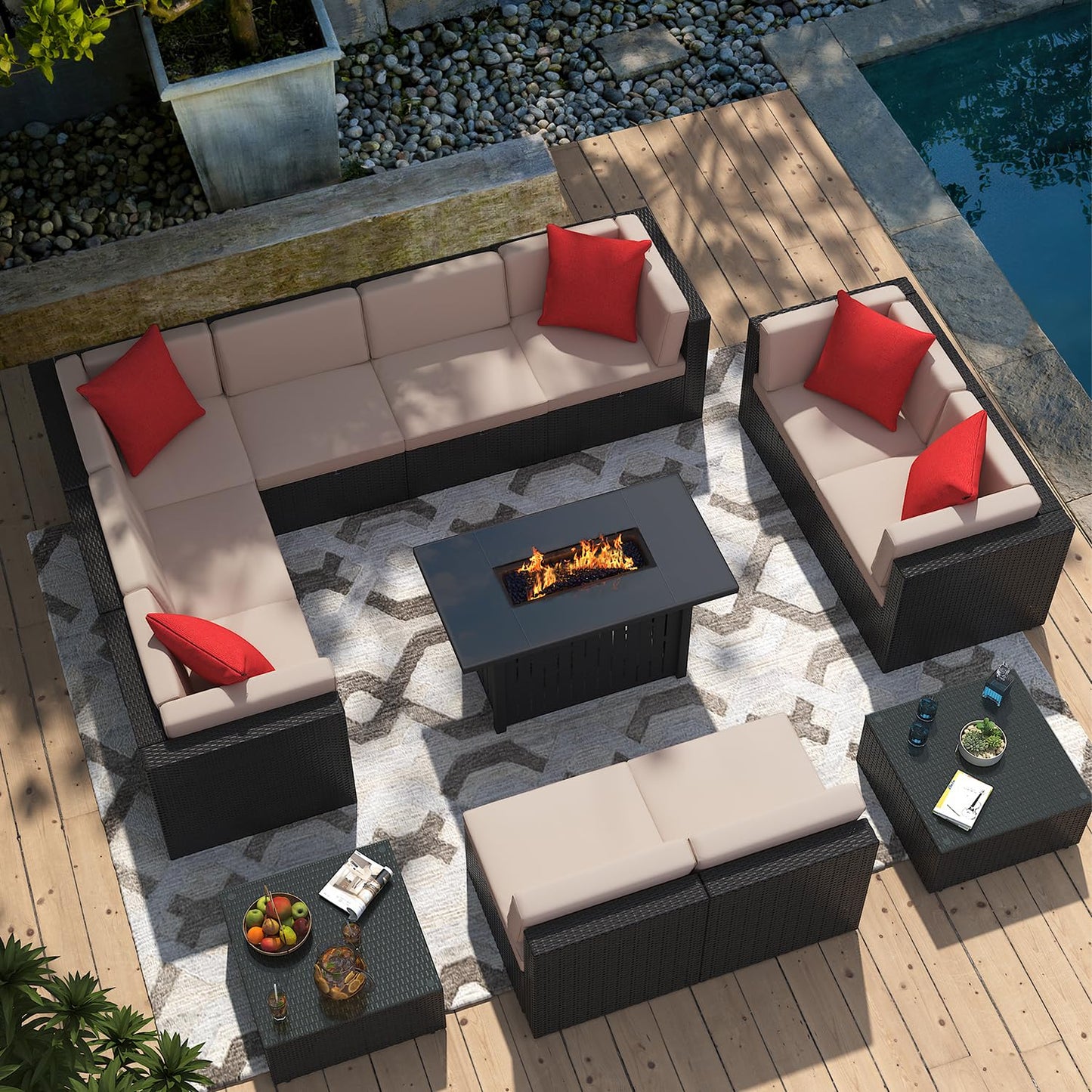 Greesum Patio Furniture 13-Pieces Outdoor PE Rattan Sectional Sofa w/43in Gas Fire Pit Table Sets 55000 BTU Add Warmth to Gatherings Parties On Deck Garden Backyard,Beige