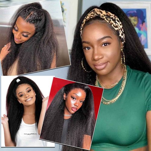 Nvnvdij Kinky Straight Half Wig Human Hair 200% Density Wear Go Glueless Wigs Human Hair 16 Inch Kinky Straight 3 In 1 Half Wigs for Women Drawstring Seamless Flip Headband Wig Beginner Friendly