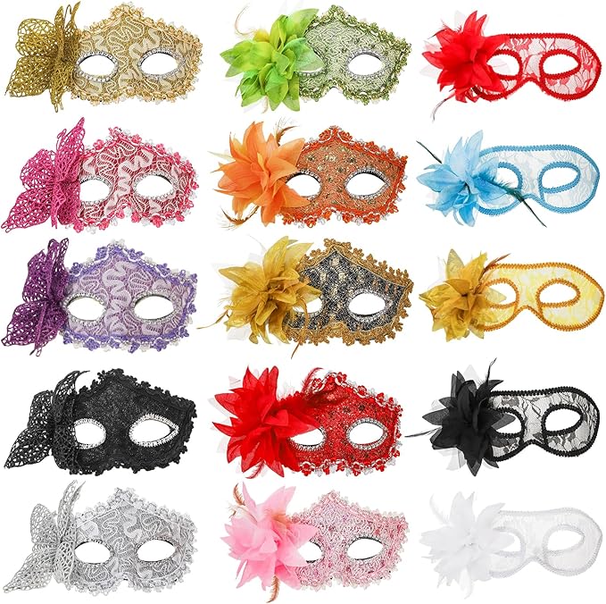 Coloch 15 Pack Masquerade Mask for Women, Vintage Venetian Masks with Ribbon Strap Half Mardi Gras Mask Fancy Carnival Mas...