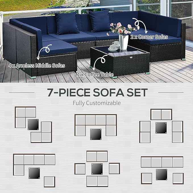 Outsunny 7-Piece Patio Furniture Sets Outdoor Wicker Conversation Sets All Weather PE Rattan Sectional Sofa Set with Cushions & Tempered Glass Desktop, Dark Blue