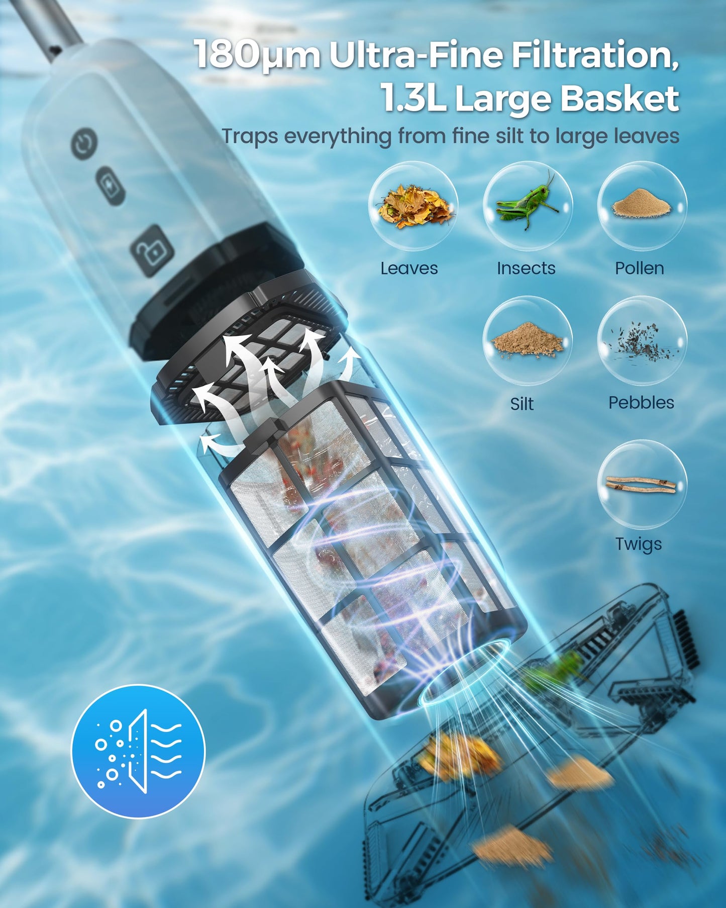 K1 Handheld Pool Vacuum,Pool Vacuum for Above Ground Pool,Rechargeable Pool Cleaner with Extention Pole,16.8GPM,70 Mins Runtime,Above Ground Pool Vacuum for Inground Pools, Spas, Hot Tubs,White