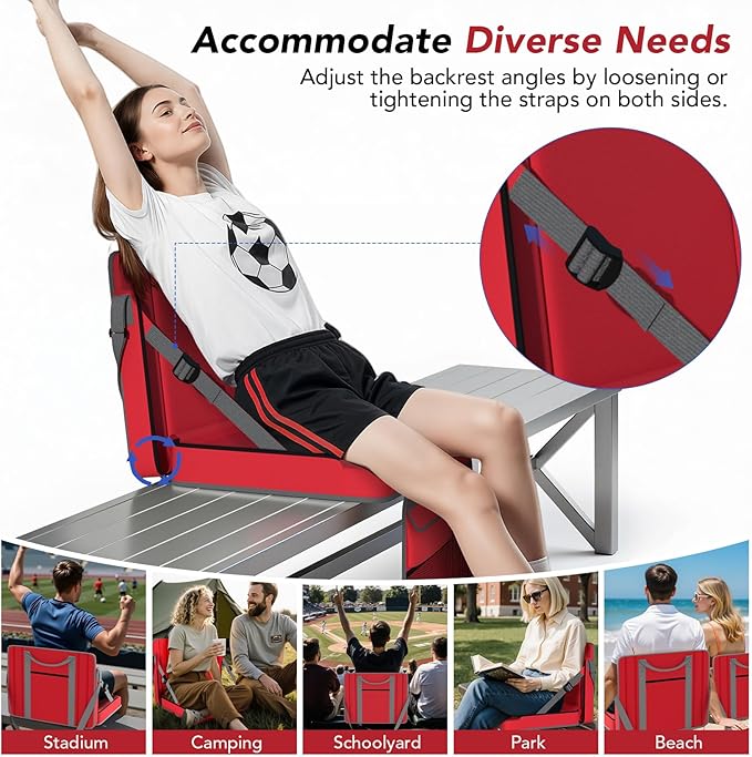 janiry Stadium Seats with Back Support 2PACKS Adjustable Bleacher Chairs with Back and Cushion Bleacher Seat with Cup Holder, Carry Handle & Shoulder Strap for Outdoor Sports Events, Picnics, Beaches