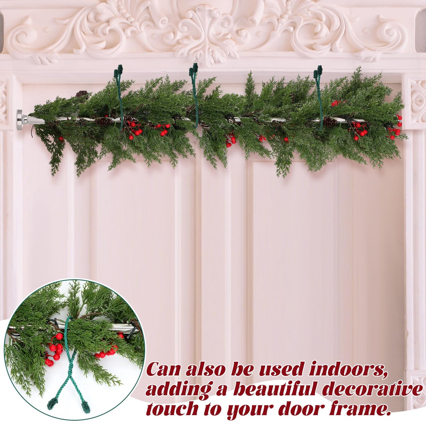 Leinuosen Christmas Front Door Garland Hanger 43-74 Inch Adjustable Christmas Wreath Hanger Stainless Steel Retractable Rod with 3 Green Tie Ropes No Nails Screws No Damage for Xmas DIY Hanging Decor
