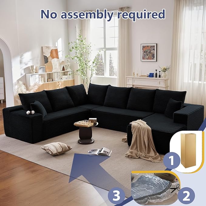 137" Cloud Sectional Couch with L-Shape Chaise, Modern Corduroy Boneless Couch for Living Room,Memory Foam Sofa with Deep Seat,No Assembly Required (Black,Right-Facing Chaise)