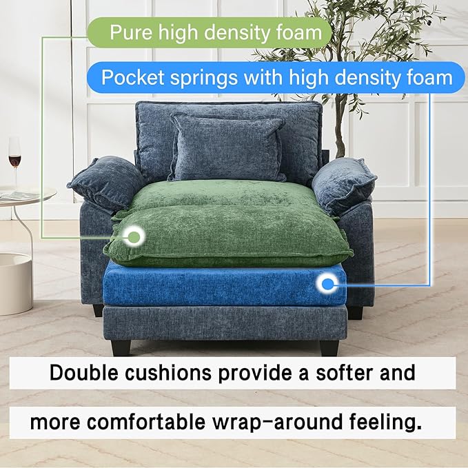 Oprisen 53" Modular Sectional Sofa, Comfy Cloud Couch Sectional Sofa with Ottoman, Chenille Sofa Sleeper Deep Seat Sofa with Throw Pillows for Living Room (Blue)