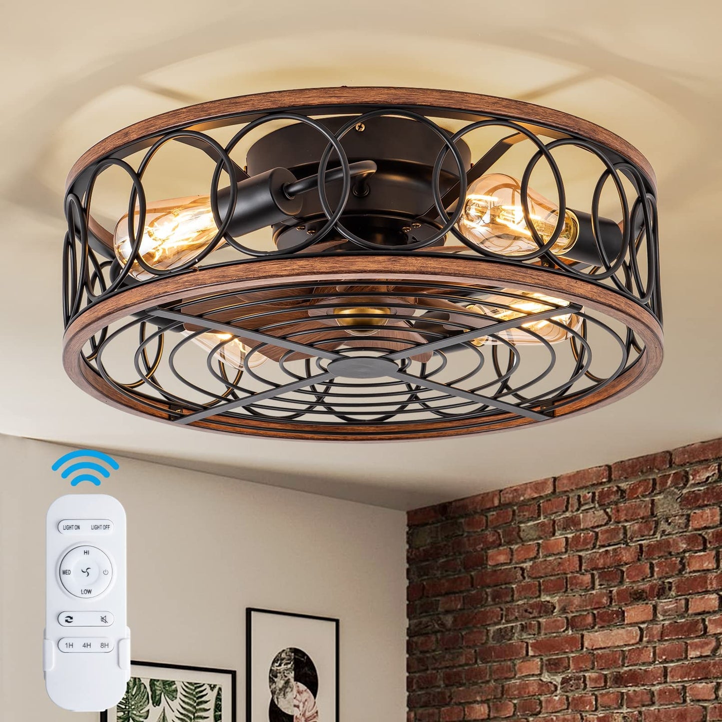 Farmhouse Ceiling Fans With Lights And Remote, 20 Low Profile Caged Lighting With Bladeless Fan, Rustic Flush Mount With E26 B