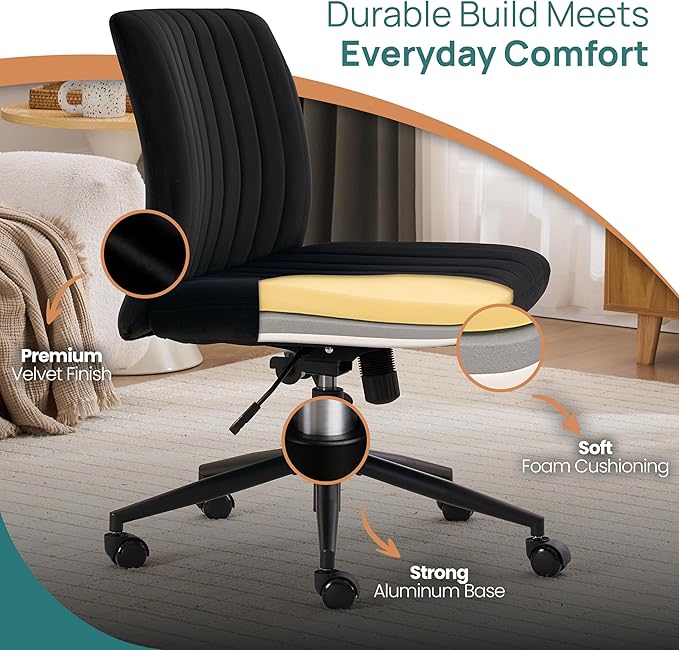NYPOT Armless Desk Chair with Wheels for Criss Cross Sitting - Cross Legged Wide Armless Chair - Adjustable Vanity 360° Swivel Stool and 120° Rocking Wide Seat Comfy for Home and Office, Black Velvet