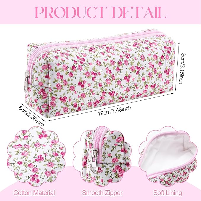 Paterr Aesthetic Floral Makeup Bag Travel Cosmetic Bag for Women Gift Christmas Portable Quilted Makeup Pouch Cotton Pencil Case Kawaii Cute Toiletry Organizer Case for Women Girls(Red Floral)